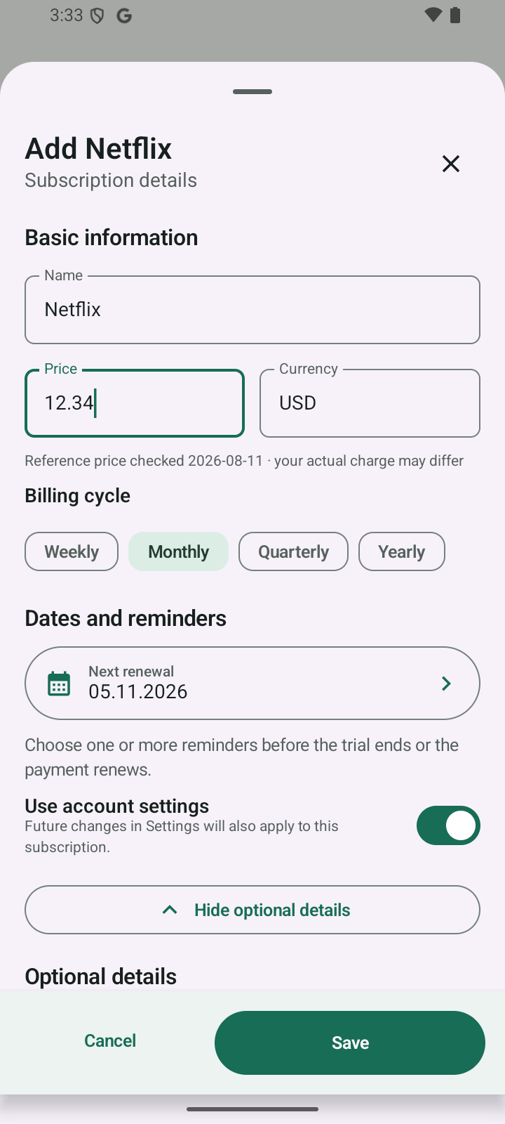 Worth Add form with example price and renewal date