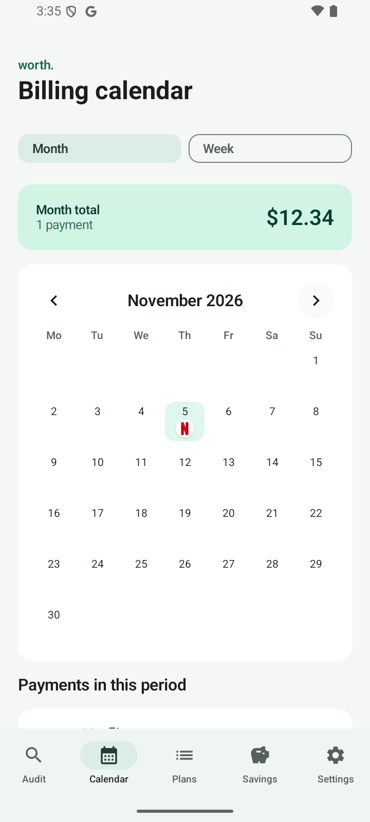 Worth billing calendar showing an example renewal