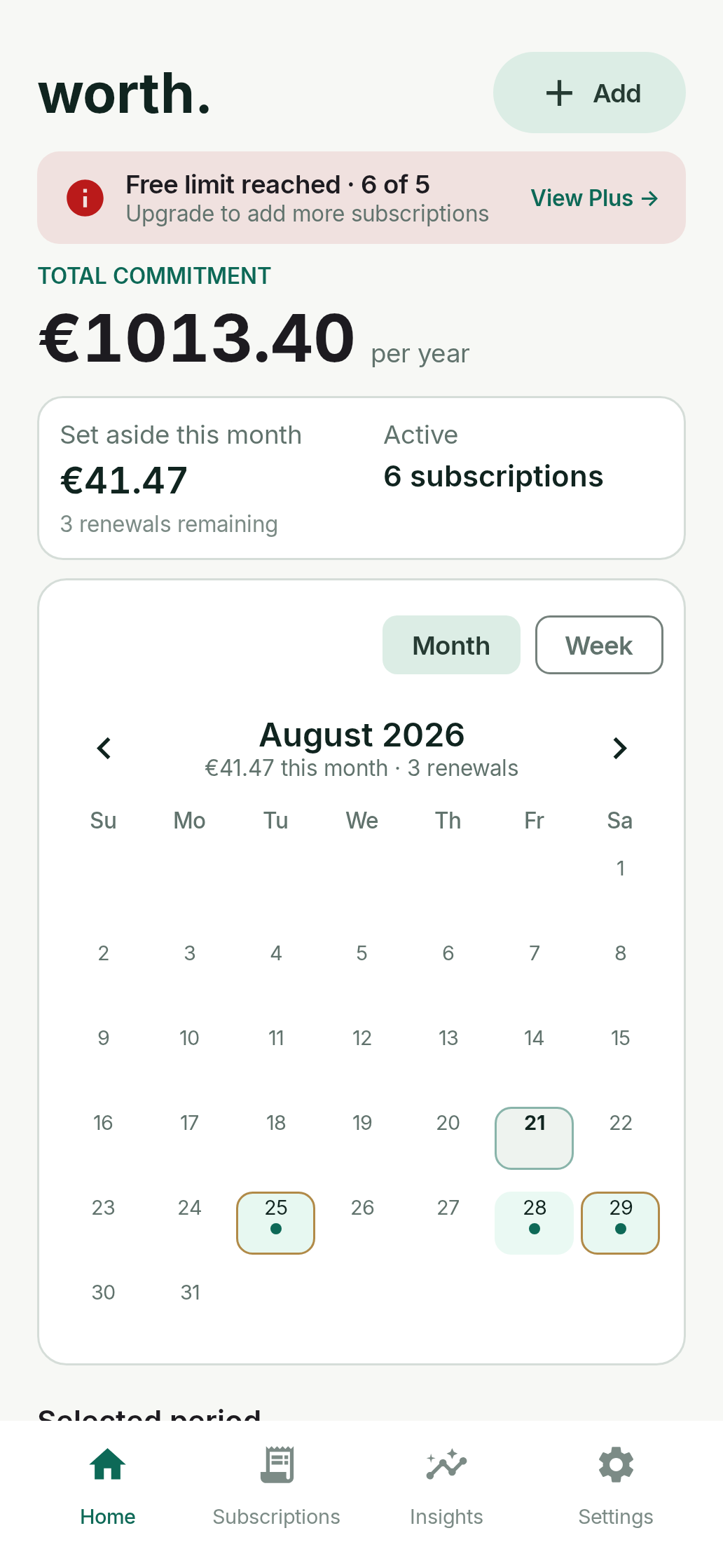 Worth home screen showing monthly spending and upcoming subscriptions